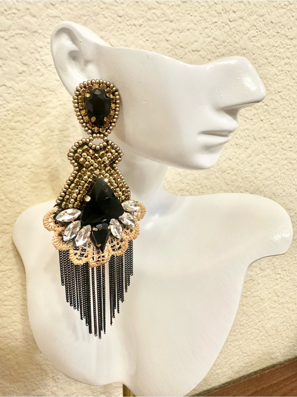 Elegant Handmade Gold and Black Beaded Soutache Fringe Statement Earrings